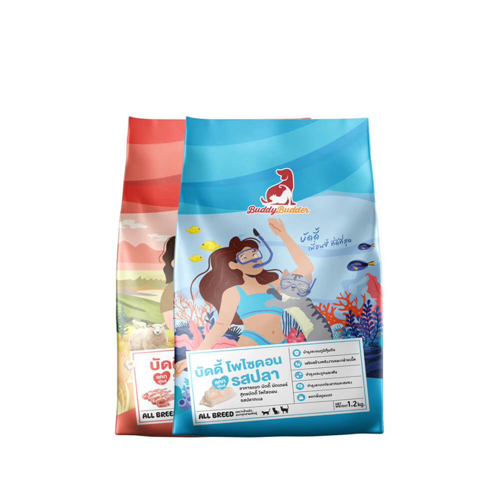 อาหารเม็ดสำหรับแมว BUDDY BUDDER แพ็กคู่ สูตรบัดดี้ บาบา รสแกะ & สูตรบัดดี้ โพไซดอน รสปลา (1.2 KG X 2)